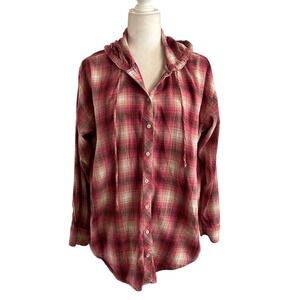 Aerie Womens Pink Plaid Hooded Flannel Shirt Button Down Oversized L Grunge Cozy